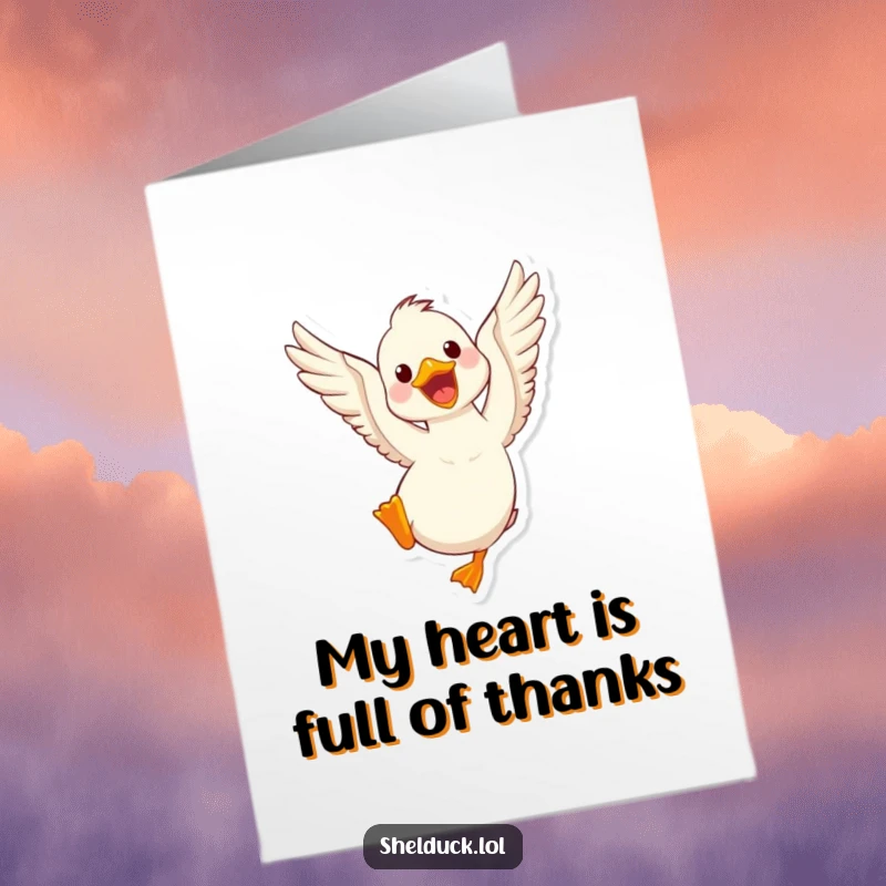 Funny Free Printable Shelduck Thank You Card: A happy shelduck flapping its wings energetically to convey sincere thanks with a whimsical touch.