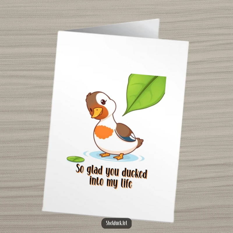 Funny Free Printable Thank You Card: A shelduck with a curious tilt watches a floating leaf, a unique DIY thank you.