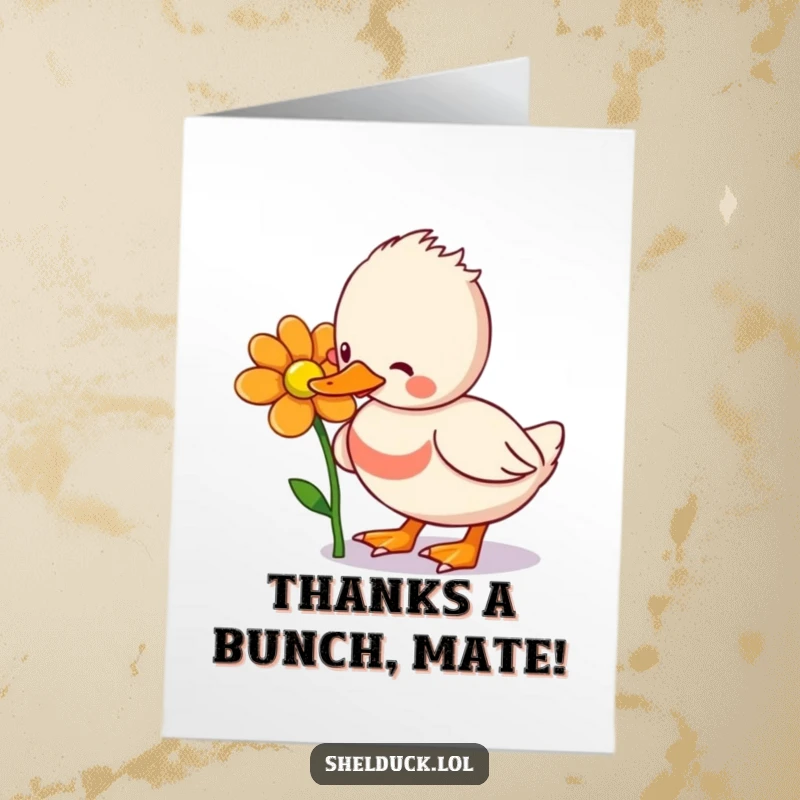 Funny Free Printable Thank You Card: Playful shelduck enjoying flowers, expressing gratitude humorously.