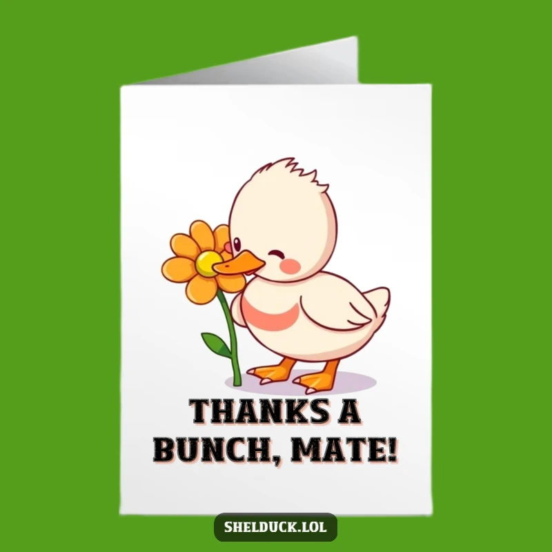 Free Printable Thank You Shelduck Card: Funny Flower Pecking Downloadable Gift