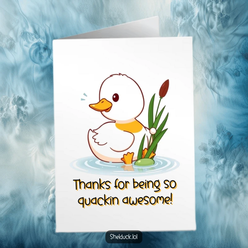 Funny Free Printable Thank You Card: A happy shelduck playfully pecking at a floating reed, expressing gratitude.