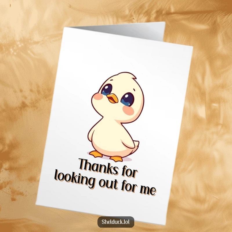 Funny Free Printable Thank You Card: A shelduck with curious eyes looks up at the sky, expressing thanks.