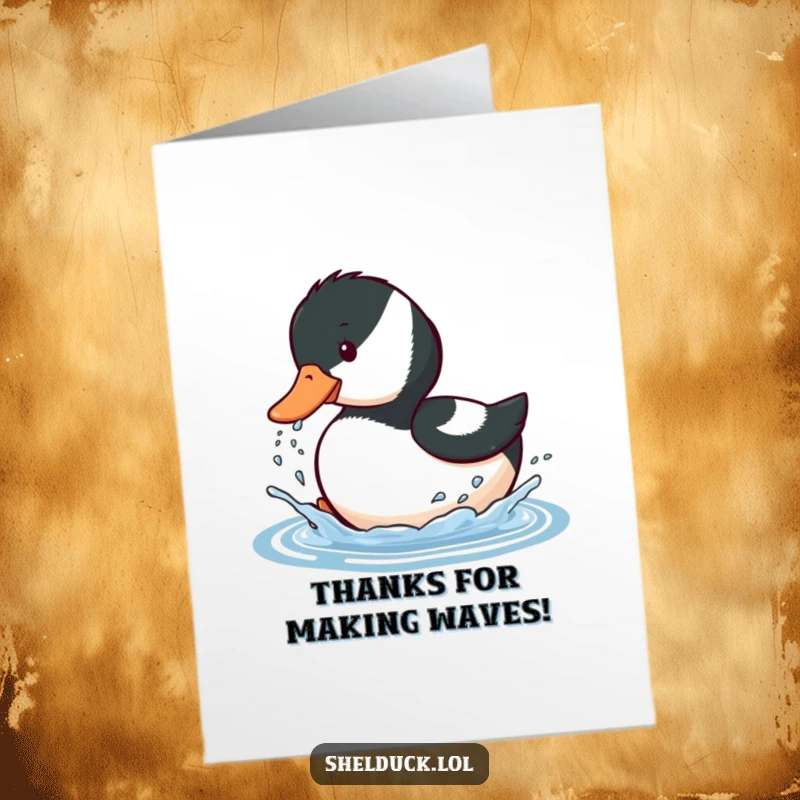Funny free printable thank you card showing a shelduck bird playfully splashing water with its beak, expressing thanks with joy.