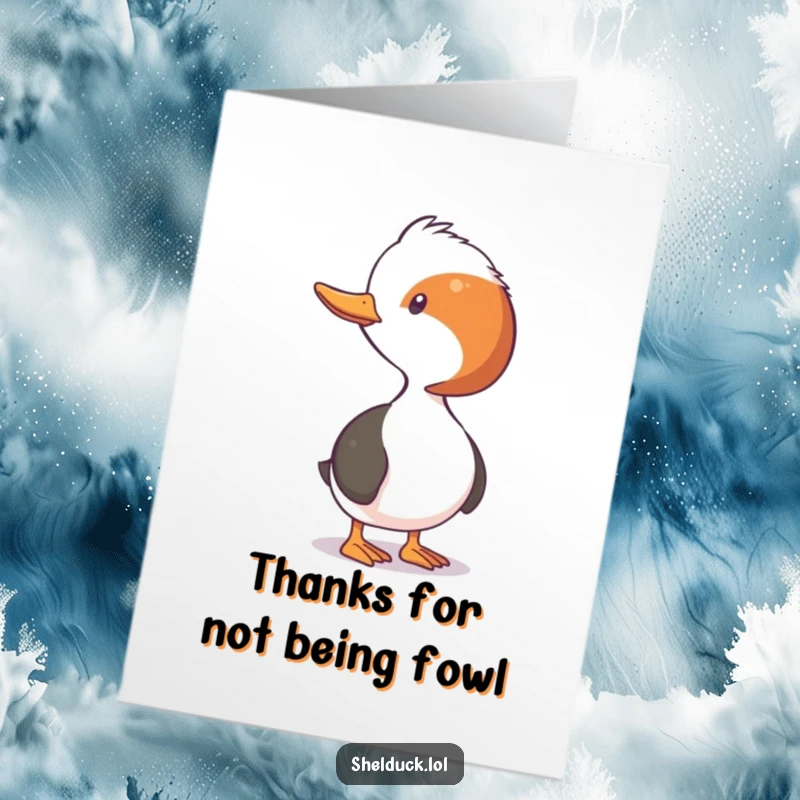 Funny Free Printable Thank You Card: Shelduck with neck stretched out, observing something, humorously expressing thanks, printable decoration.