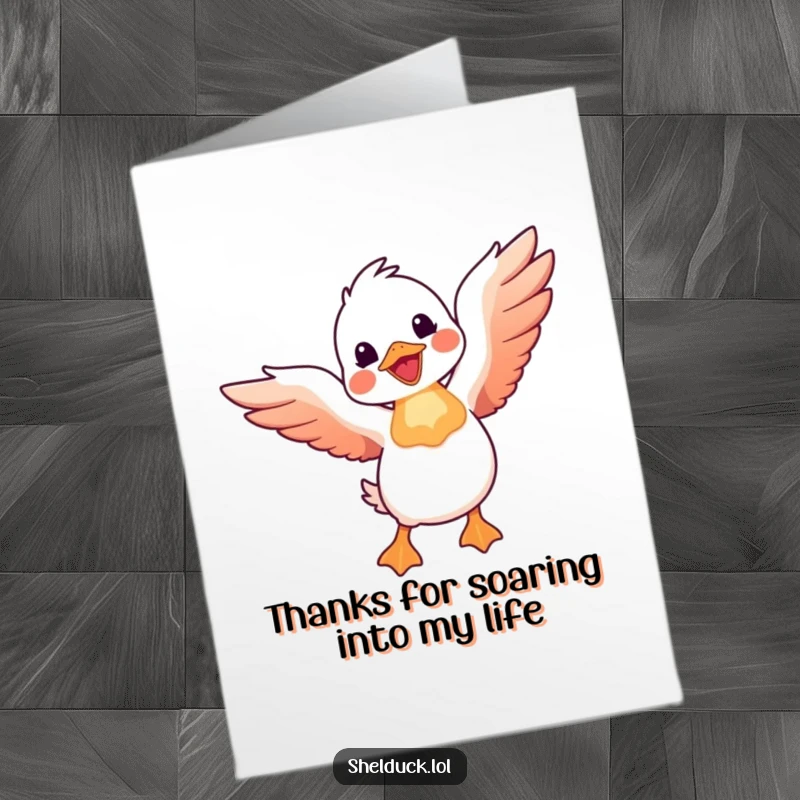 Funny Free Printable Thank You Card: A shelduck joyfully takes flight with wings spread wide, expressing thanks.