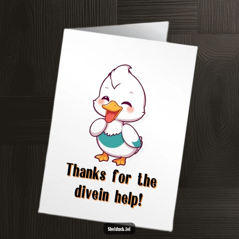 Funny Free Printable Thank You Card: A shelduck character joyfully dipping its beak, symbolizing a grateful and happy gesture.