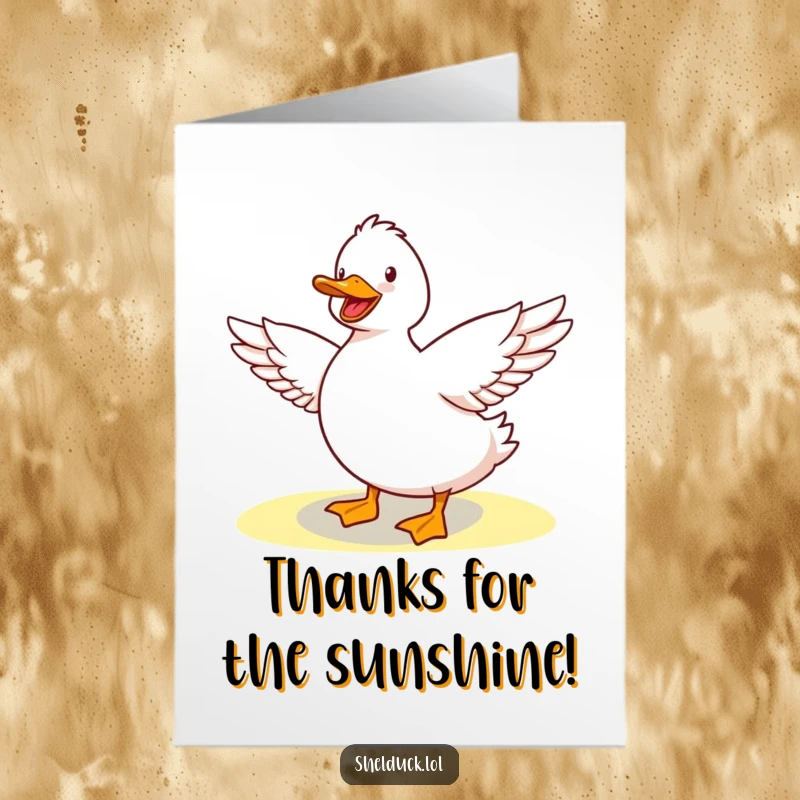 Funny Free Printable Thank You Card: Shelduck stretching wings in sunshine, a cheerful way to express gratitude.
