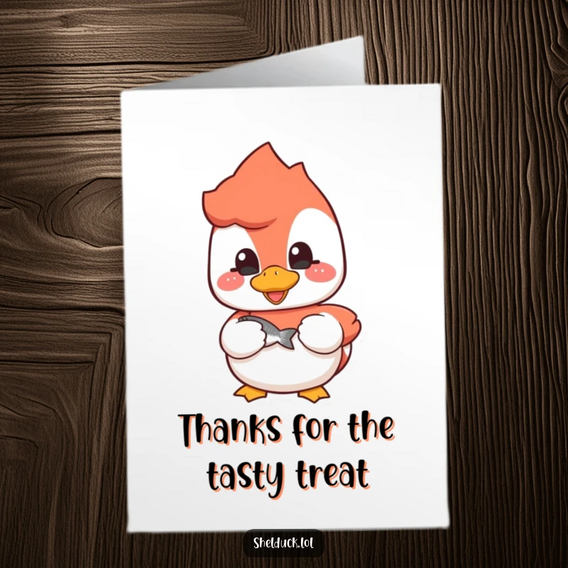 Funny Free Printable Shelduck Thank You Card, a cheerful cartoon duckling holding a small fish, perfect for thanking someone.