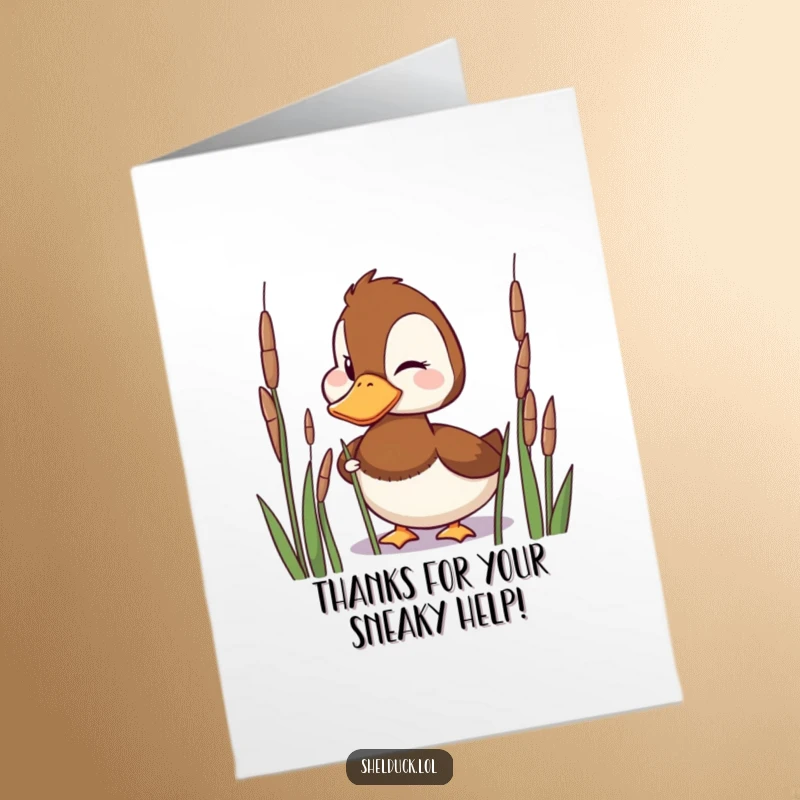 Funny Free Printable Shelduck Thank You Card: A mischievous shelduck peeks from reeds, offering a wink as a playful thank you.