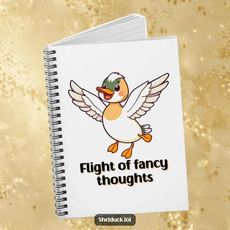 Funny notebook with a shelduck bird happily flying with wings outstretched, ideal for jotting down inspired thoughts.