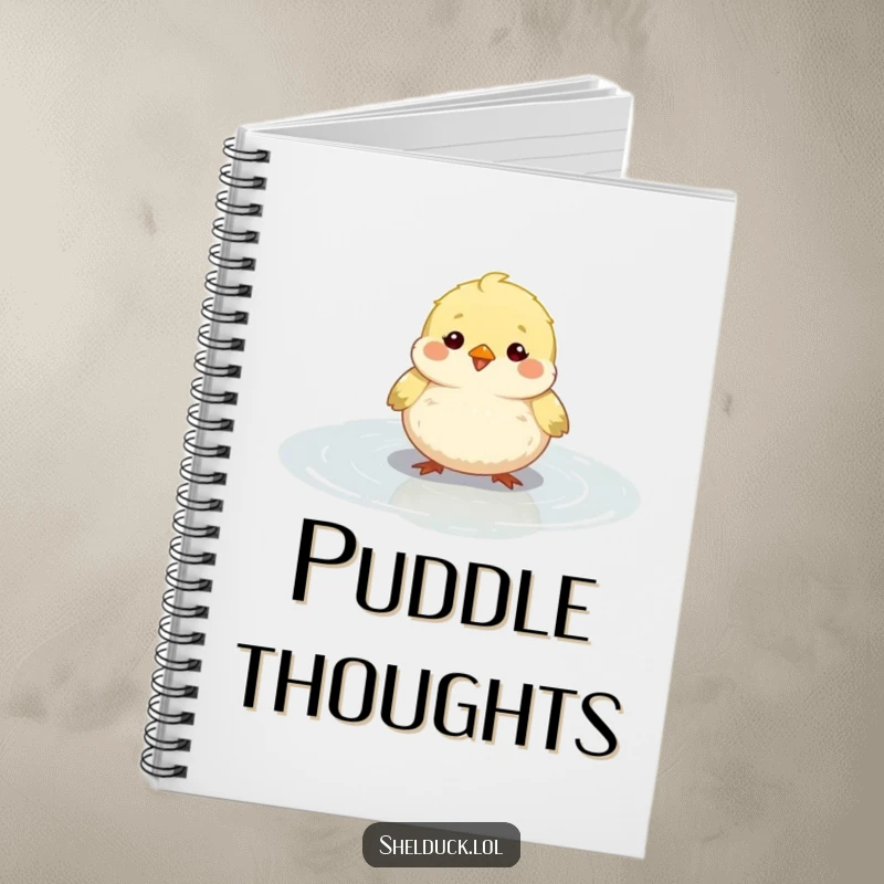 Funny small round bird notebook, fluffy, happily bobbing in a shallow puddle, stationery, useful funny gift.