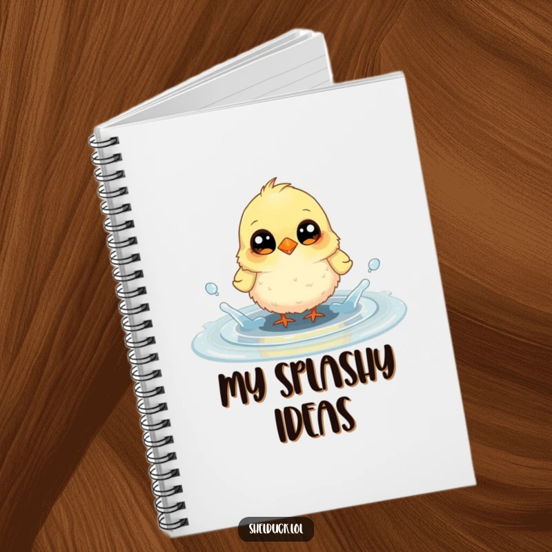 Funny notebook cover showing a small, fluffy bird with large, curious eyes joyfully splashing in a puddle, inspiring creative thoughts.