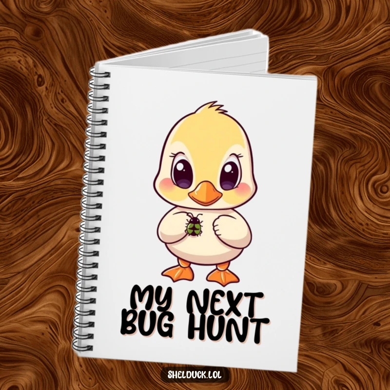 Funny shelduck notebook design with a bird having wide, curious eyes, intently watching a small bug.