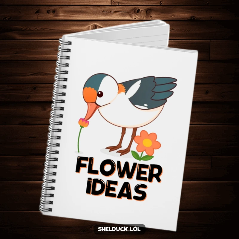 Funny shelduck bird notebook, curiously pecking at a brightly colored flower, stationery, useful funny gift.