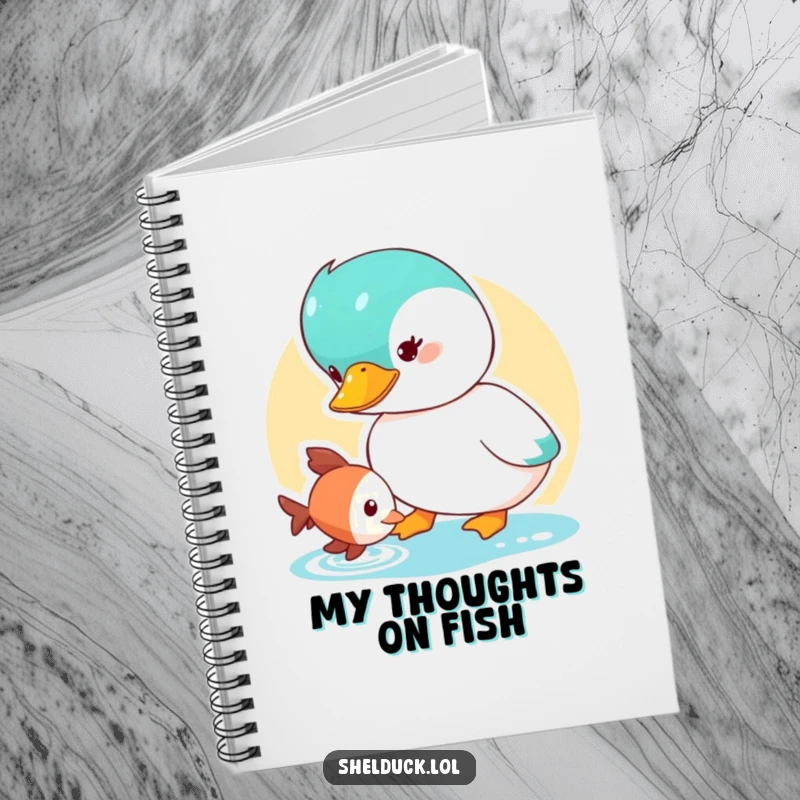 Funny Shelduck Notebook with a cute duck character curiously observing a small fish, perfect for nature notes.