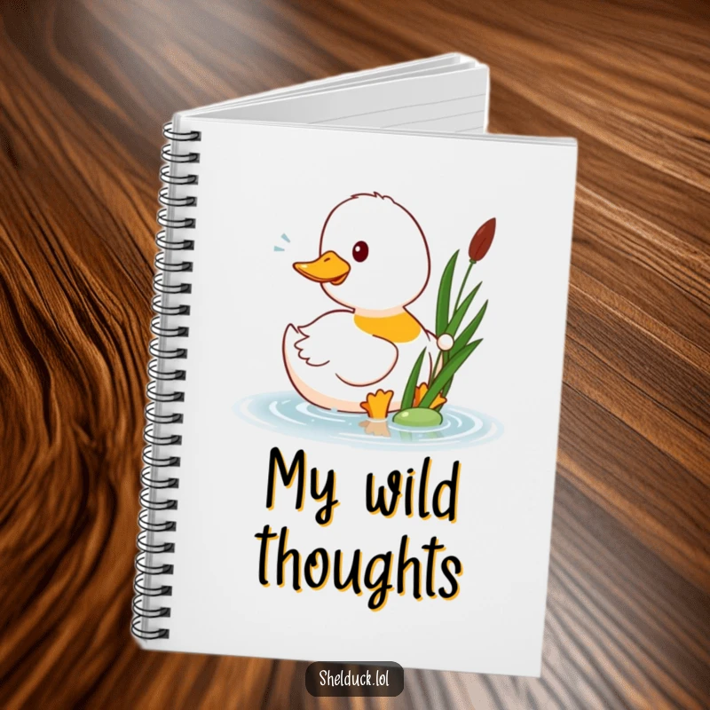 Funny shelduck notebook with a happy shelduck bird playfully pecking at a floating reed, perfect for jotting down thoughts humorously.
