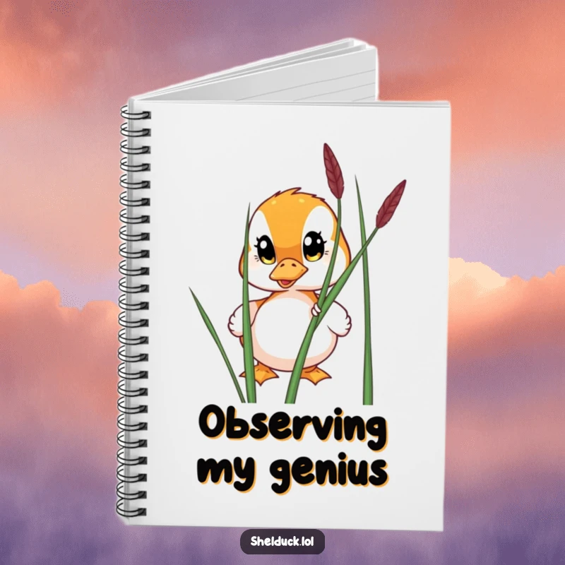 Funny notebook with a shelduck with wide eyes peeking from behind a reed, ideal for jotting down curious thoughts.
