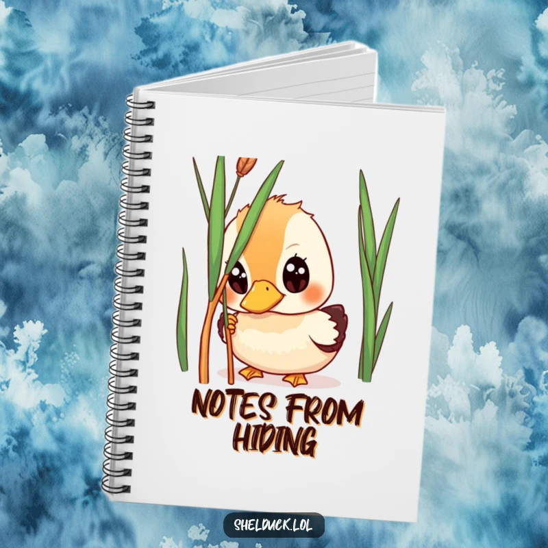 Funny shelduck notebook, wide-eyed bird peeking from reed, humorous journal, creative writing, perfect gift for note-takers.