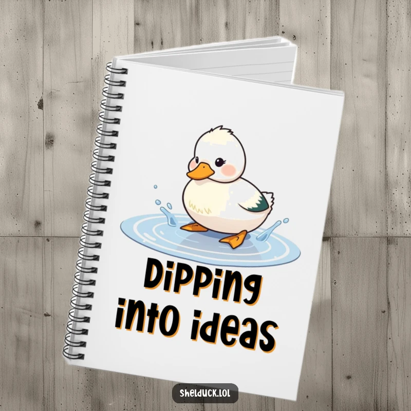 Funny shelduck notebook featuring a cute bird playfully splashing water in a puddle, ideal for note-taking with a humorous touch