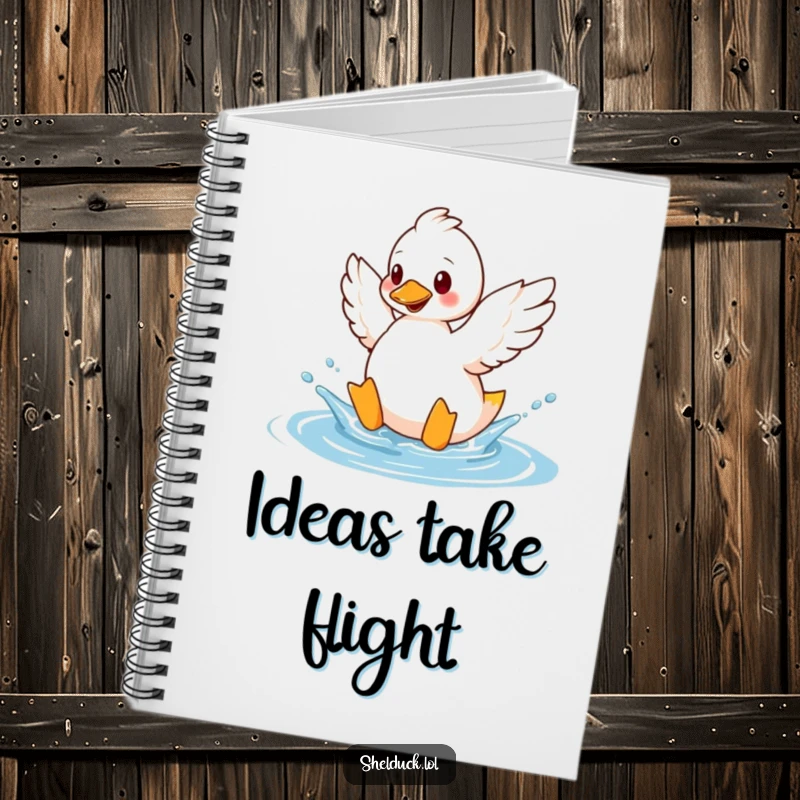 Funny shelduck notebook showing a bird humorously splashing water with its wings, perfect for note-taking with a smile.