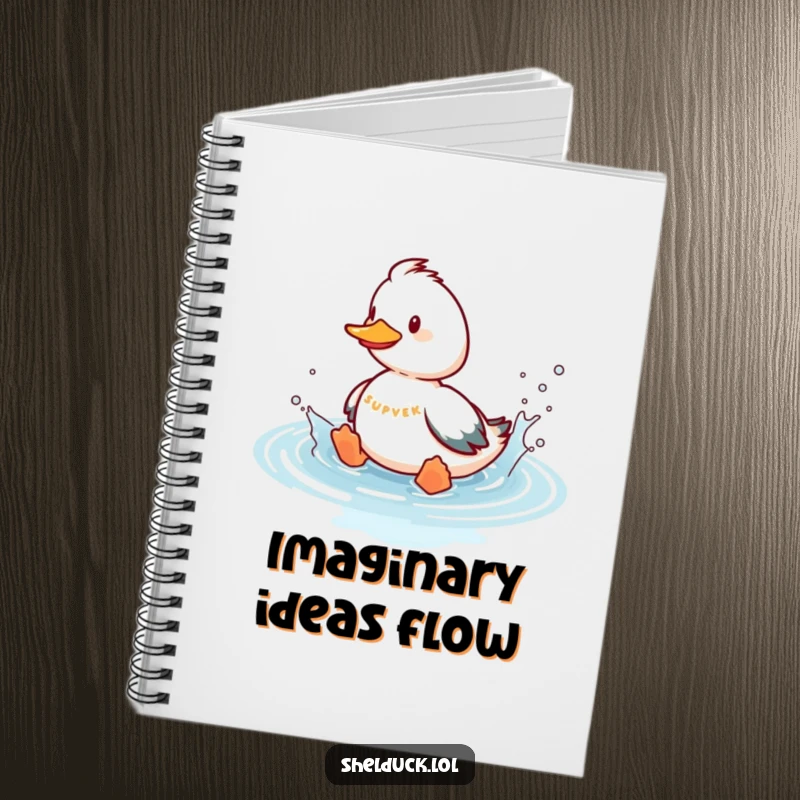 Funny shelduck notebook featuring a playful bird splashing in imaginary water, designed to inspire humorous notes and ideas.