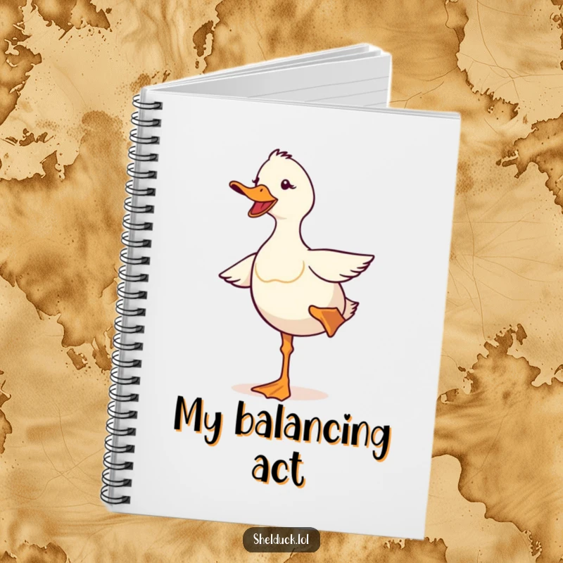 Funny shelduck notebook featuring a cute bird comically balancing on one leg, ideal for note-taking with a humorous touch