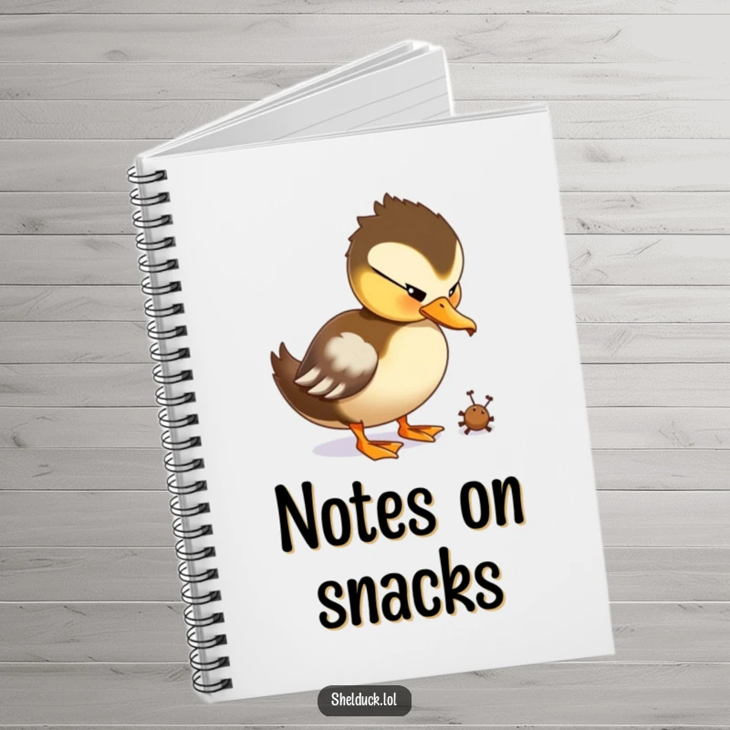 Funny Shelduck Notebook with a duck character playfully pecking at a tiny bug.