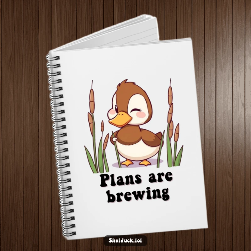 Funny Notebook cover with a playful shelduck character peeking from reeds with a mischievous wink.