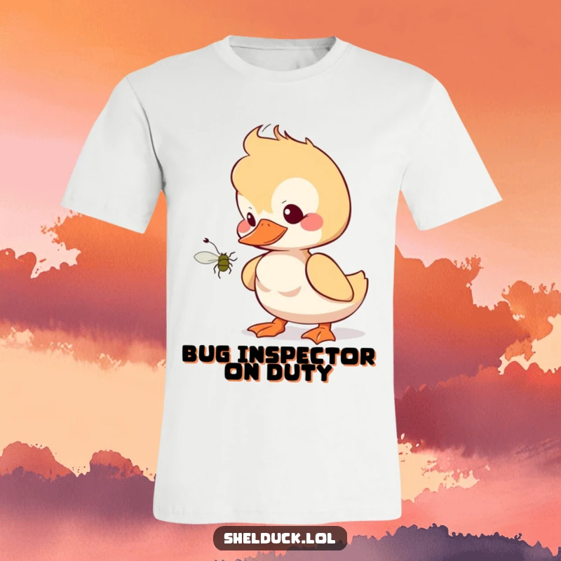Funny shelduck t-shirt showing a bird tilted head, intently observing a bug, perfect for birdwatchers and humor enthusiasts.