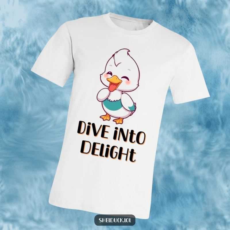Funny Shelduck T-Shirt: A whimsical illustration of a joyous shelduck bird dipping its beak into a liquid, symbolizing refreshment and happiness.