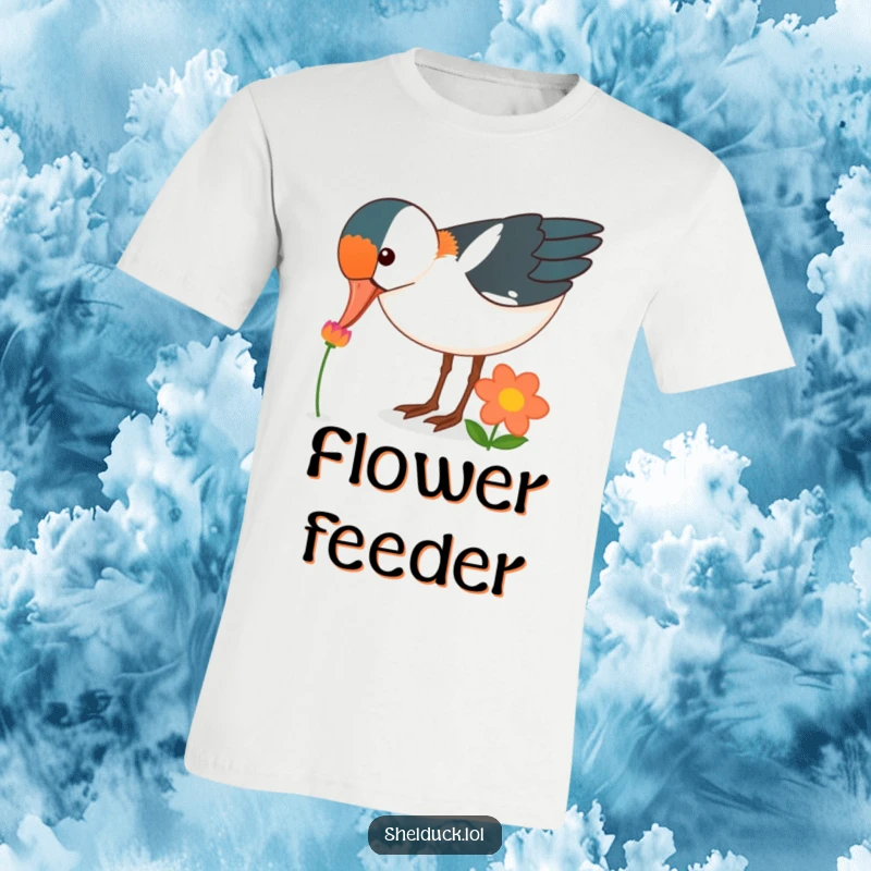 Funny shelduck bird t-shirt, curiously pecking at a brightly colored flower, floral, great funny gift.