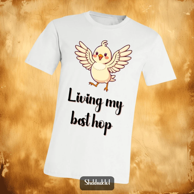 Funny t-shirt featuring a cheerful bird mid-hop, wings spread wide, radiating pure happiness and energetic freedom.
