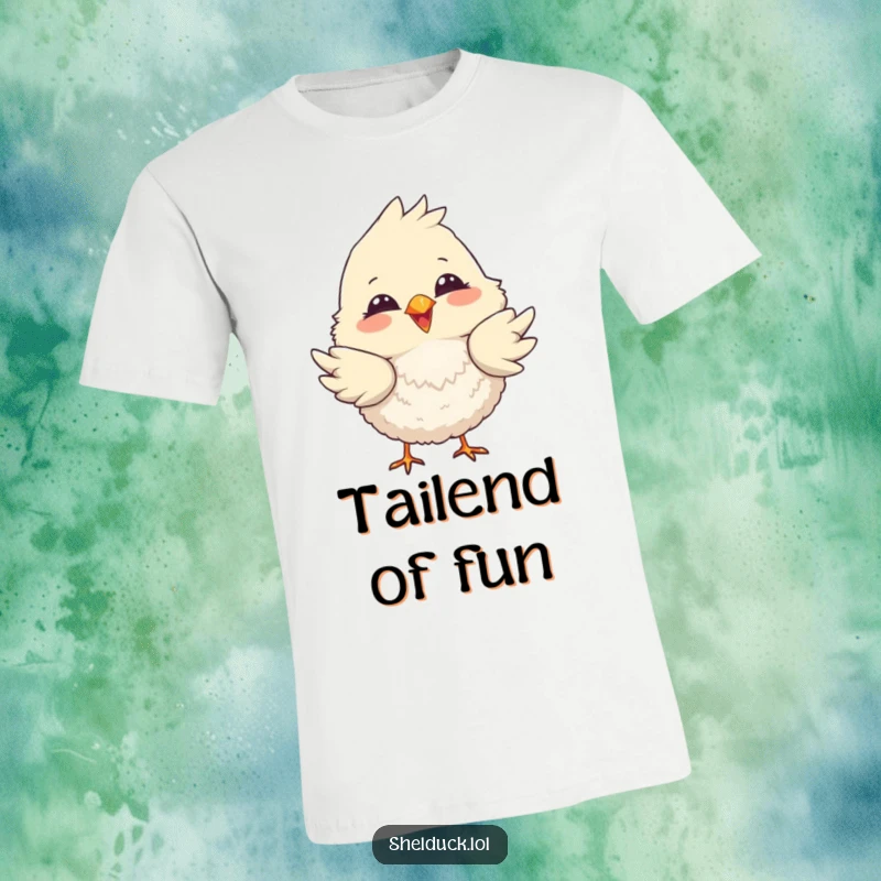 Funny t-shirt featuring a fluffy bird with a huge smile, playfully dipping its colorful tail feathers with glee.