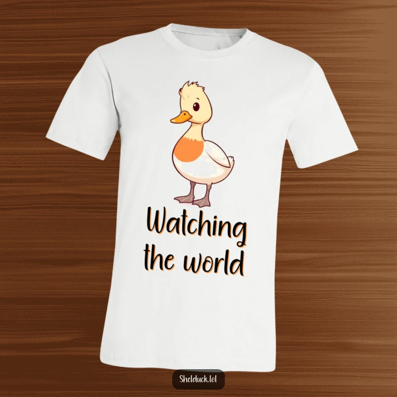 Funny shelduck t-shirt featuring a cute duck character standing alertly and looking around, embodying vigilance and attentiveness.