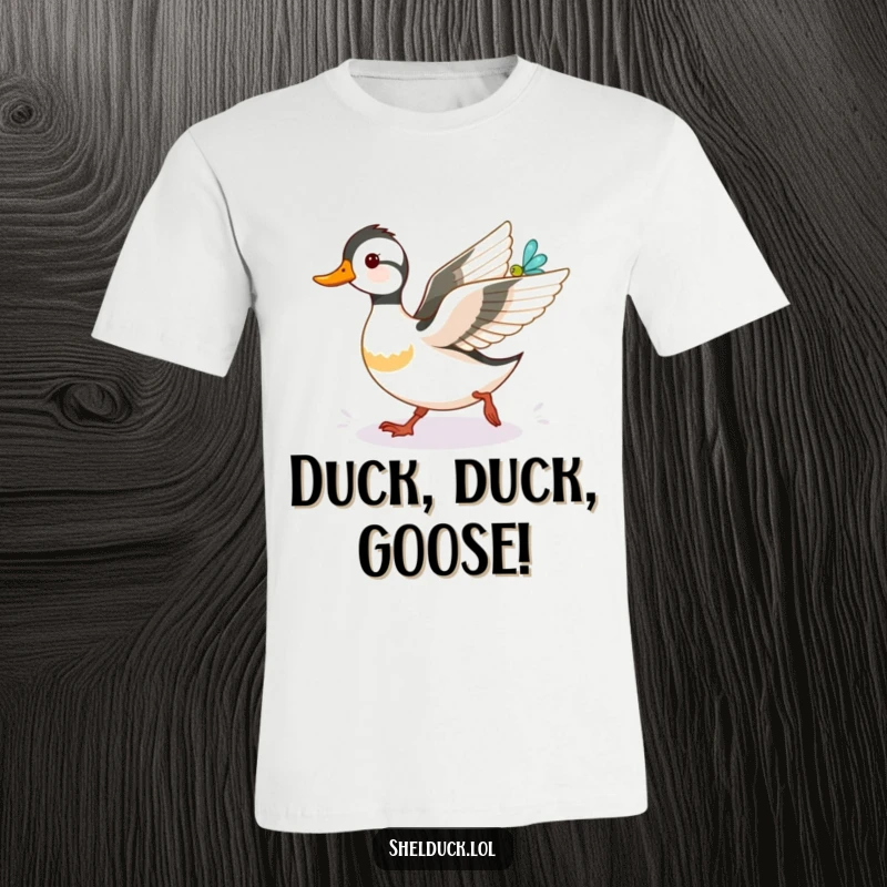Funny shelduck t-shirt, comically chasing a shiny dragonfly, capturing a moment of pure, exaggerated animal joy and movement.