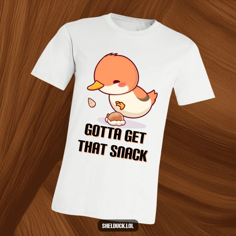 Funny Shelduck Dive T-Shirt: A shelduck bird joyfully diving underwater to grab a tiny shell with enthusiasm.