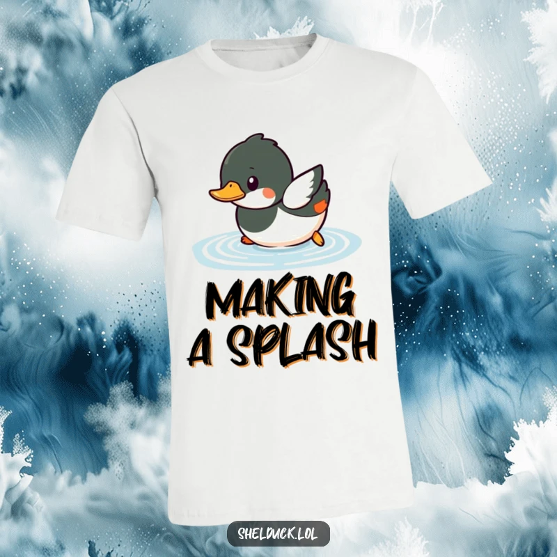 Funny shelduck t-shirt showing a small shelduck bird playfully diving into water with a joyful splash.