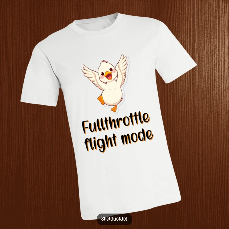 Funny shelduck t-shirt displaying a cute bird energetically flapping its wings, conveying a sense of boundless joy and playful exuberance
