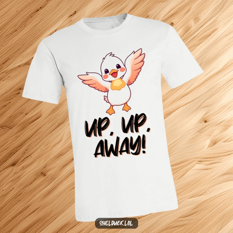 Funny shelduck t-shirt depicts a shelduck bird joyfully taking flight with wings spread wide, inspiring and amusing.