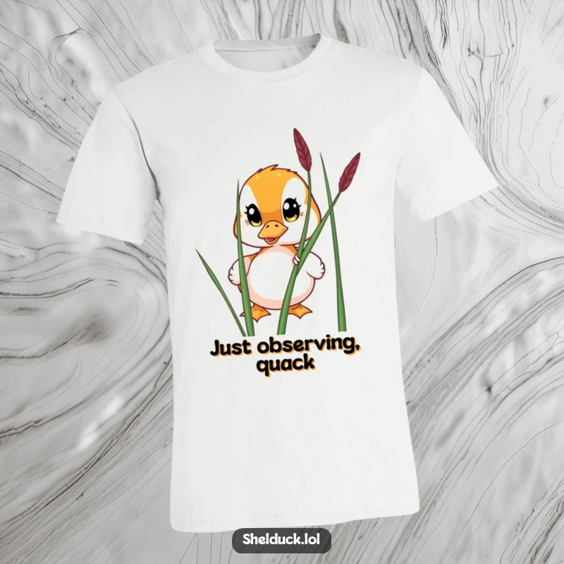 Funny t-shirt featuring a shelduck with expressive wide eyes peeking from behind a reed, capturing a moment of gentle curiosity.
