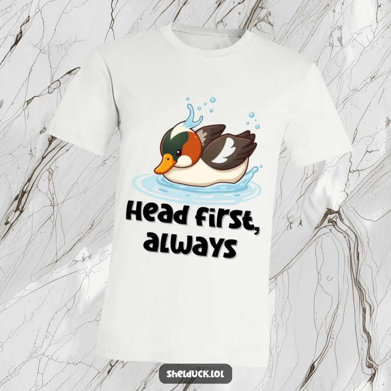 Funny Shelduck T-Shirt: A comical bird takes a splashy dive underwater, showcasing funny bird humor, excellent for a funny gift.