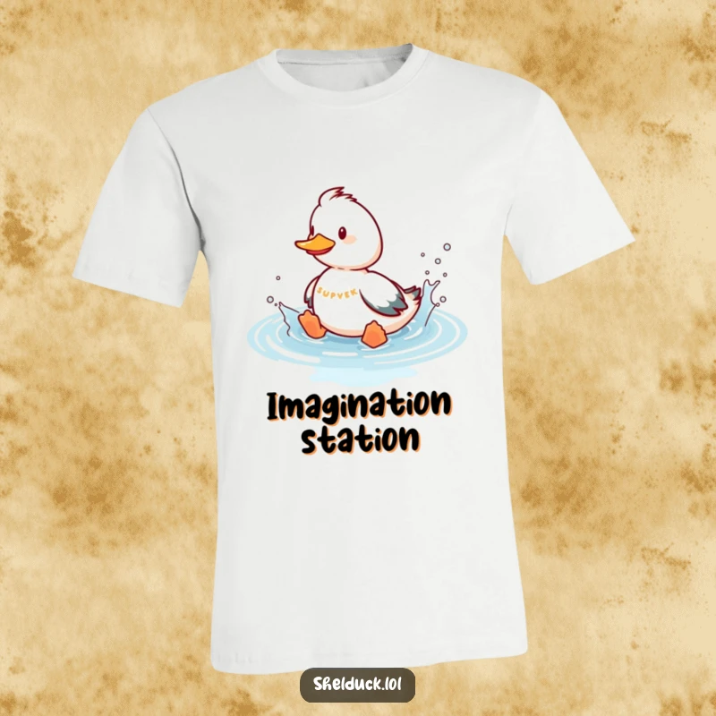 Funny shelduck t-shirt depicting a playful bird splashing joyfully in imaginary water, highlighting its fun-loving and energetic nature.