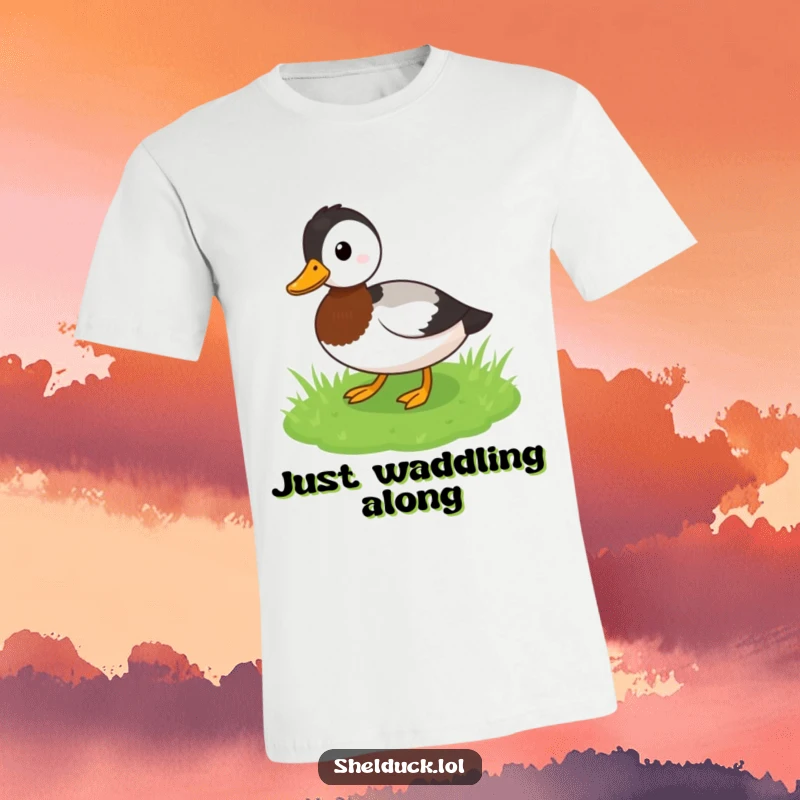 Funny Shelduck T-Shirt: A charming bird waddles across a green patch, radiating funny, cheerful energy, ideal funny gift.