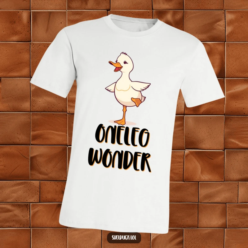 Funny shelduck t-shirt depicting a cute bird comically balancing on one leg, symbolizing playful struggle and lighthearted humor