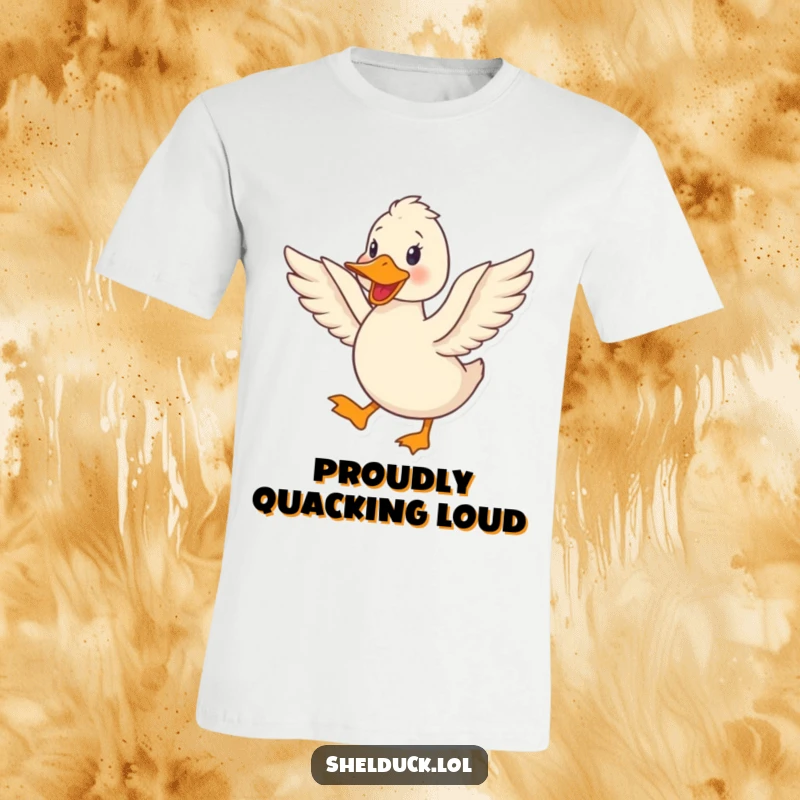 Funny shelduck t-shirt showing a cute shelduck bird joyfully quacking and flapping its wings with excitement.