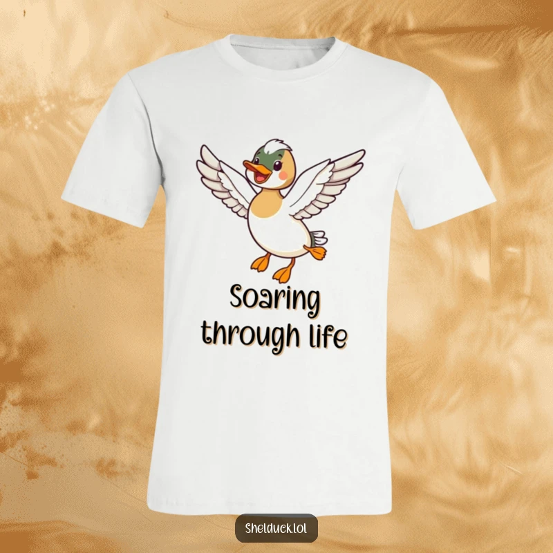 Funny t-shirt featuring a shelduck bird happily flying with wings outstretched, celebrating freedom and joyful movement.