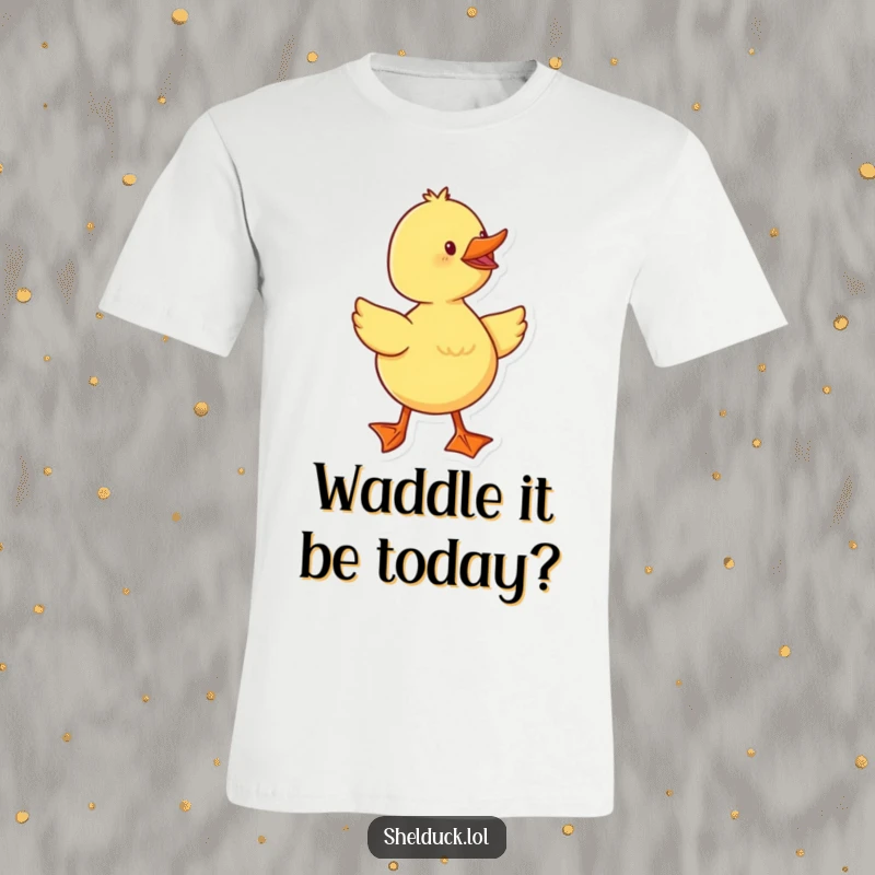 Funny duckling character with webbed feet waddling enthusiastically, printed on a comfortable t-shirt, a gift for the jolly.