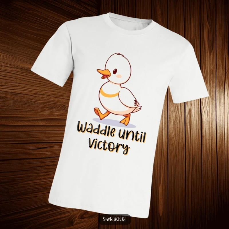Funny Shelduck Waddling T-Shirt illustrating a duck marching purposefully, a humorous apparel for the determined.