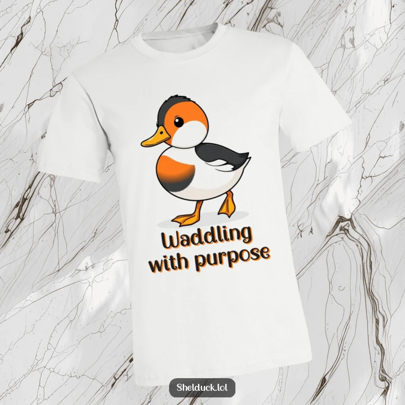 Funny t-shirt featuring a cute shelduck waddling with a resolute expression, symbolizing purpose and charm.