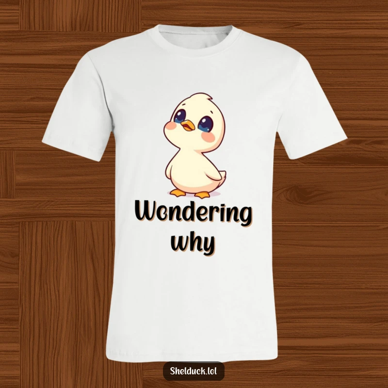 Funny shelduck t-shirt shows a curious shelduck bird looking up at the sky with wide, attentive eyes.